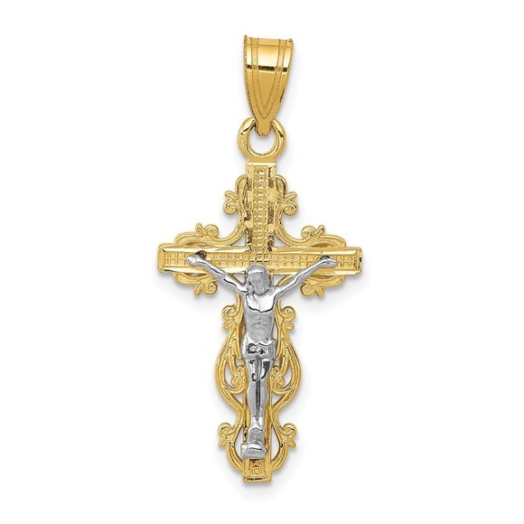 Million Charms 14k Gold Two-tone Small Narrow Cross w/Crucifix Pendant